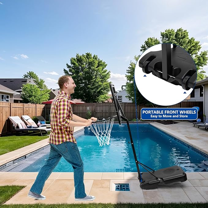 Deberg Pool Basketball Hoop with 10x8 FT Ball Backstop Height Adjustable Poolside Basketball Goal Set with Fillable Base, Includes Ball & Pump | Rust-Resistant | Easy Setup |