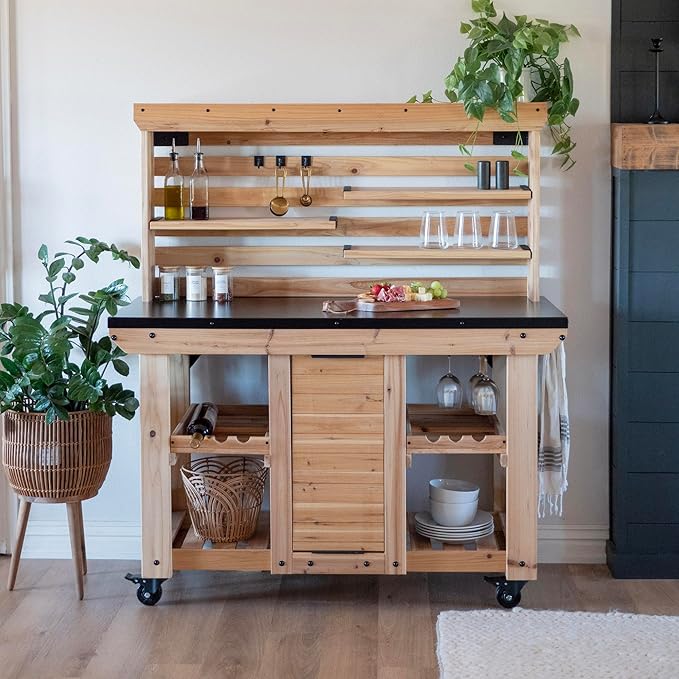 Backyard Discovery 48" Cedar Wood Buffet Hutch Serving Station with Galvanized Steel Countertop, Wine Rack, Wine Glass Rack, Trash Bin, Modular Shelves, Towel Bar, Drink and Food Prep, Indoor/Outdoor