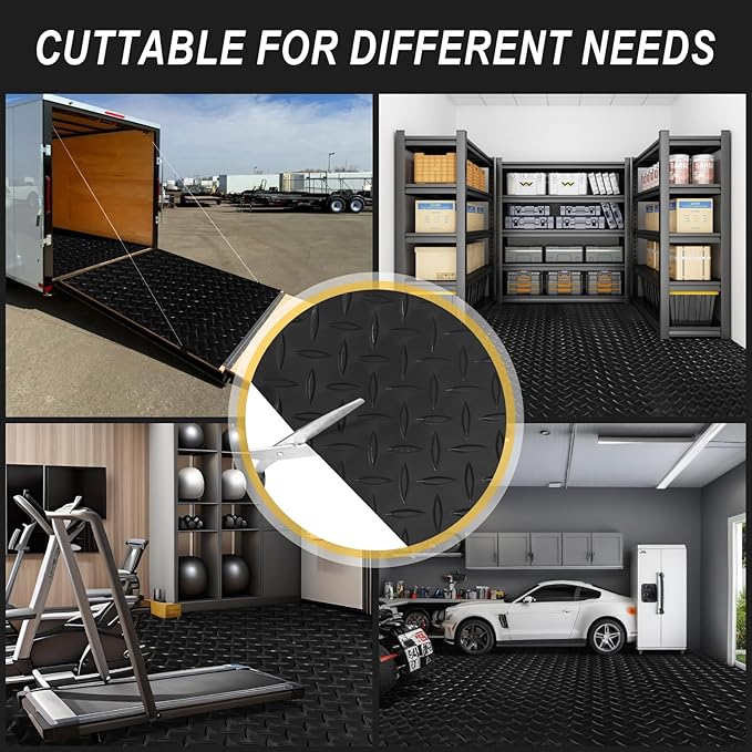 4x20FT Garage Floor Mat, 2.8mm Thickened Flooring Roll for Under Car, Golf Cart Parking Mat, Diamond Plate PVC Rubber Motorcycle Mat, Non-Slip Floor Protector for Garage Warehouse Trailer, Black