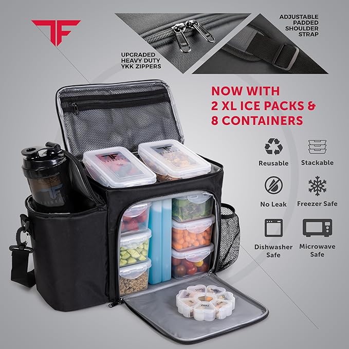 ThinkFit Large Black Meal Prep Lunch Bag, 8 Portion Control Containers, Pill Dispenser, Shaker Cup & 2 XL Reusable Ice Packs