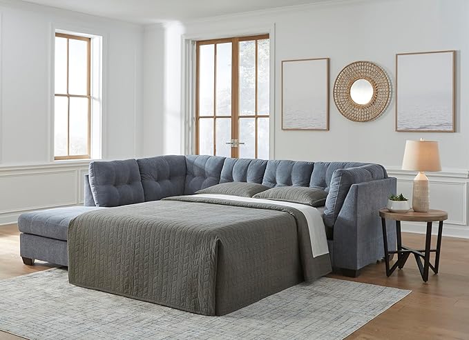 Signature Design by Ashley Marleton Contemporary Left-Arm Facing Tufted 2-Piece Sleeper Sectional with Chaise, Loose Seat Cushions and Bi-Fold Memory Foam Mattress, Full, Blue