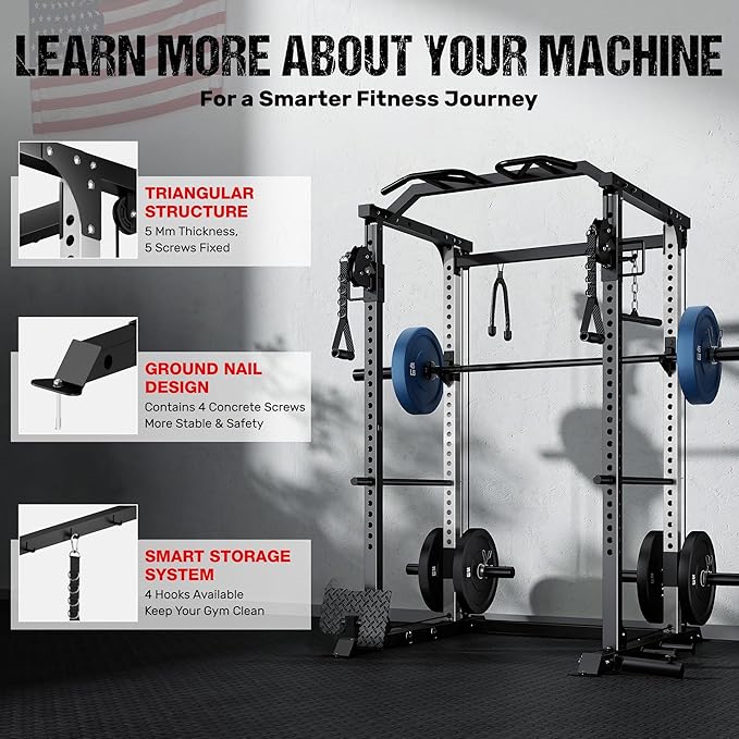 DP01 Power Cage, 2000LBS Squat Rack with with Cable Crossover and Dual Independent Pulley System, Full Cage for Full Body Training, Power Rack with More Training Attachments for Home Gym