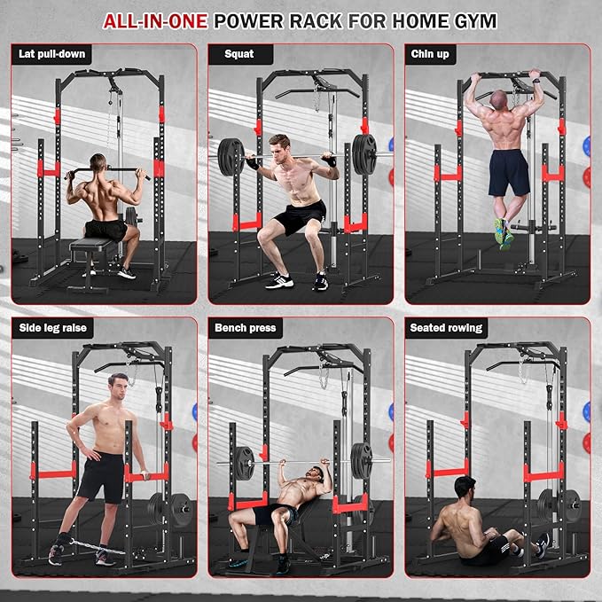 ULTRA FUEGO Power Cage, Multi-Function Power Rack with Pulley System Strength Training for Home Gym, Bench Press Squat LAT Pull-Down Pull-up Rowing, All in One Workout Cage