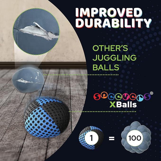 speevers Juggling Balls for Beginners and Professionals Set of 3, 14 Colors Available, 2 Layers of Net and Carry Case, Xballs Juggling Balls (Black - Blue, 4.2 oz)