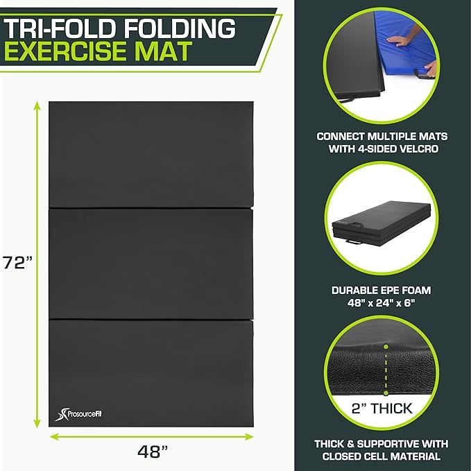 ProsourceFit Tri-Fold Folding Thick Exercise Mat 6’x4’ with Carrying Handles for Tumbling, Martial Arts, Gymnastics, Stretching, Core Workouts