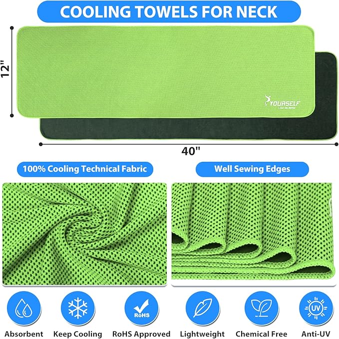 SYOURSELF Cooling Towels for Neck and Face, 4 Pack 40" x 12" Cooling Towel for Hot Weather, Soft Breathable Instant Cool Chilly Pad for Sports Golf Yoga Gym Athletes Camping Ice Towels(Green)