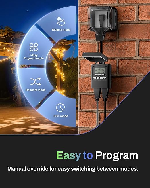 BN-LINK 7 Day Outdoor Heavy Duty Digital Programmable Timer, Outdoor Timer Outlet Waterproof, 2 Grounded Electrical Outlets for Christmas Lights, 15A 1/2HP,ETL Listed