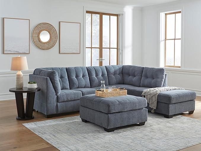 Signature Design by Ashley Marleton Contemporary Right-Arm Facing Tufted 2-Piece Sectional with Chaise and Loose Seat Cushions, Blue