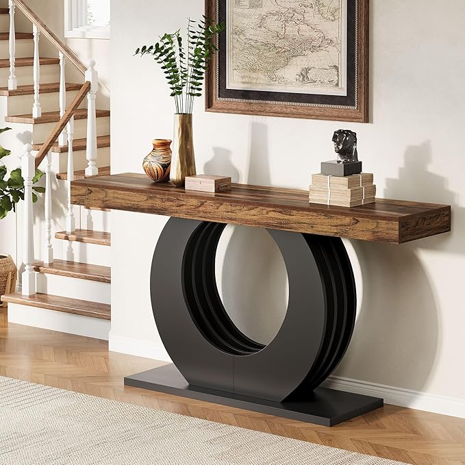 Tribesigns 63-Inch Console Sofa Table, Rustic Industrial Farmhouse Entryway Table, Narrow Long Couch Console Behind Sofa with Black Circle Base for Living Room Hallway, Rustic Brown