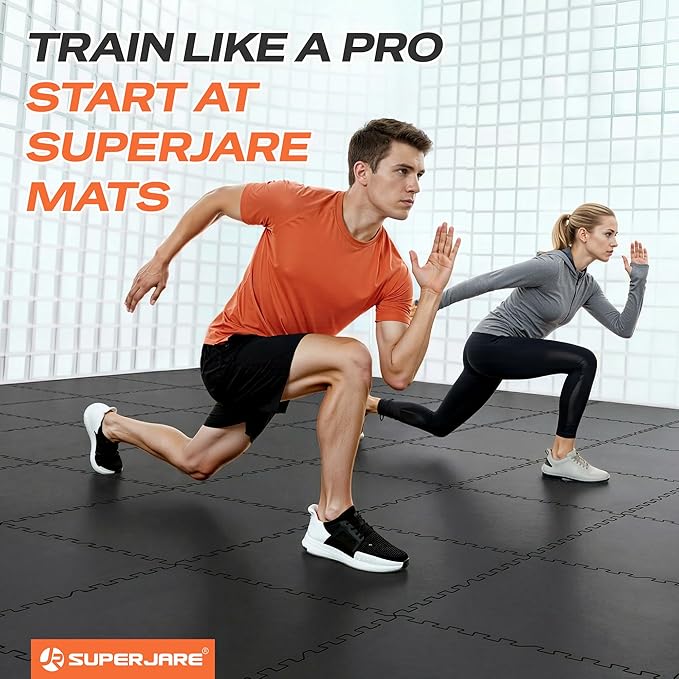 SUPERJARE 0.56'' Thick 24 Pcs 96 Sq Ft Rubber Top Exercise Equipment Mats, High Density EVA Foam Mats with Rubber Top, Interlocking Gym Flooring for Home Gym, Protective Workout Mat, Black