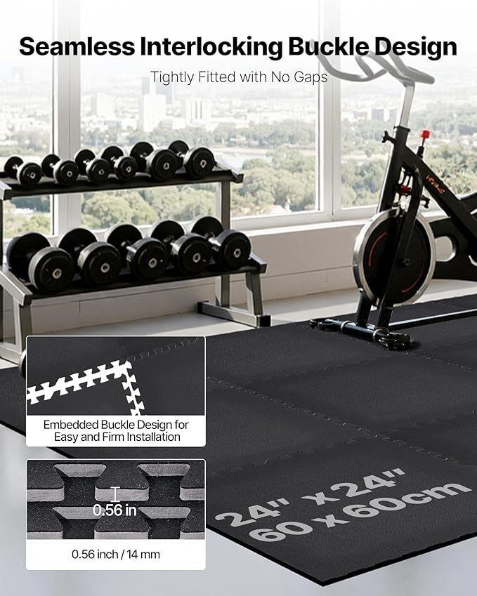 VEVOR 0.56Inch 96sq.ft 24 Tiles Gym Flooring for Home Gym, Rubber Top with High Density EVA Foam, 24 x 24In Gym Floor Exercise Equipment Mats, Interlocking Gym Mats, Puzzle Workout Mats, Black