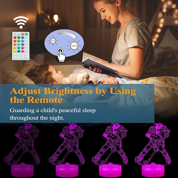 Hockey Night Light, Hockey Gifts for Girl, 3D Night Light with Remote Control, 16 Colors Changing, RGB Flashing Mode, Timer and Dimmable, Gifts for Boys Christmas Decor