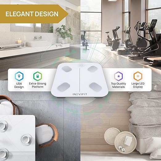 INEVIFIT Smart Body Fat Scale, Highly Accurate Bluetooth Digital Bathroom Body Composition Analyzer, Measures Weight, Body Fat, Water, Muscle, Visceral Fat & Bone Mass for Unlimited Users (Eco-Wht)