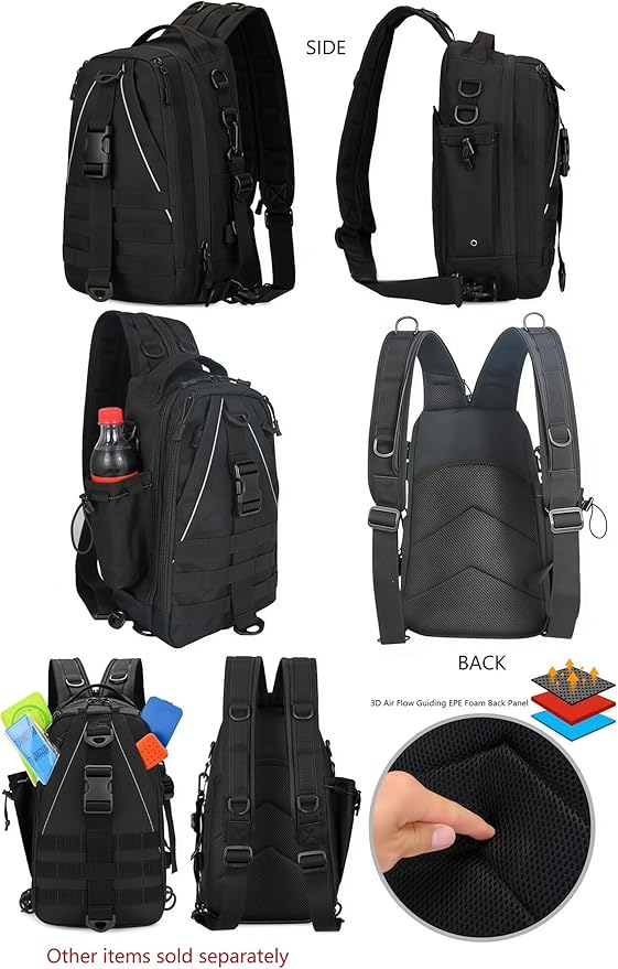 Mint & Moss Tactical Backpack for Men Water Resistant Tackle Backpack with Rod Holder & Tackle Box Kit, Lightweight Sling Fishing Bag for Trekking Survival Camping Fitness Travel (Black)