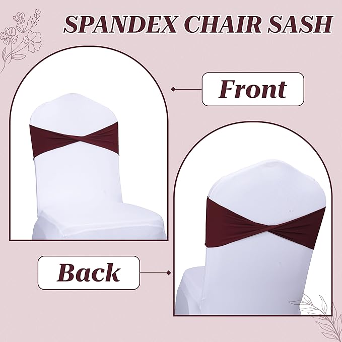MDS Pack of 10 Spandex Chair Sashes Bows Elastic Stretch Dining Chair Bands Ties Without Slider Buckle Universal fits for Wedding Baby Shower Birthday Party Banquet Event Decoration - Burgundy
