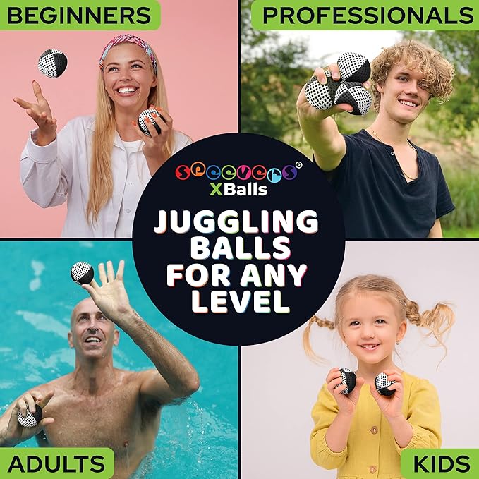 speevers Juggling Balls for Beginners and Professionals Set of 3, 14 Colors Available, 2 Layers of Net and Carry Case, Xballs Juggling Balls (Black - White, 3.9 oz)