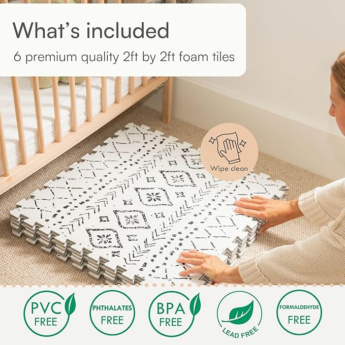 Lillefolk Baby Play Mat for Floor – 4x6ft Boho | Soft Non Toxic Premium EVA Foam Tiles for Tummy Time, Crawling & Playroom – Waterproof Interlocking Floor Mat for Babies & Toddlers (6 Tiles)