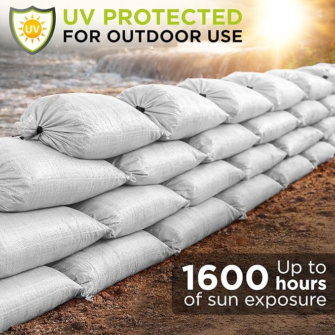 Heavy Duty Sand Bags Pack of 6, White Empty Sandbags with Built-In Ties, Woven Polypropylene UV Protection 1600 Hours, Fillable Bags for Flood Control, Weight, 18x24 inches, 60 Pounds Volume