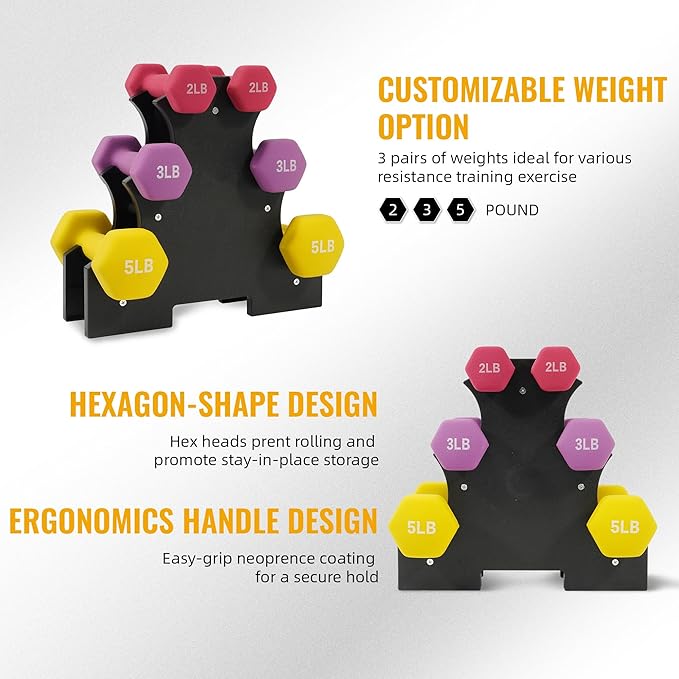 Fitvids Neoprene Coated Dumbbell Set with Rack, Free Hand Weight Set For Home Gym Workout, Anti-Slip, Anti-roll, 20LBS, 32LBS, 50LBS and 56LBS Sets, Multiple Weight Options