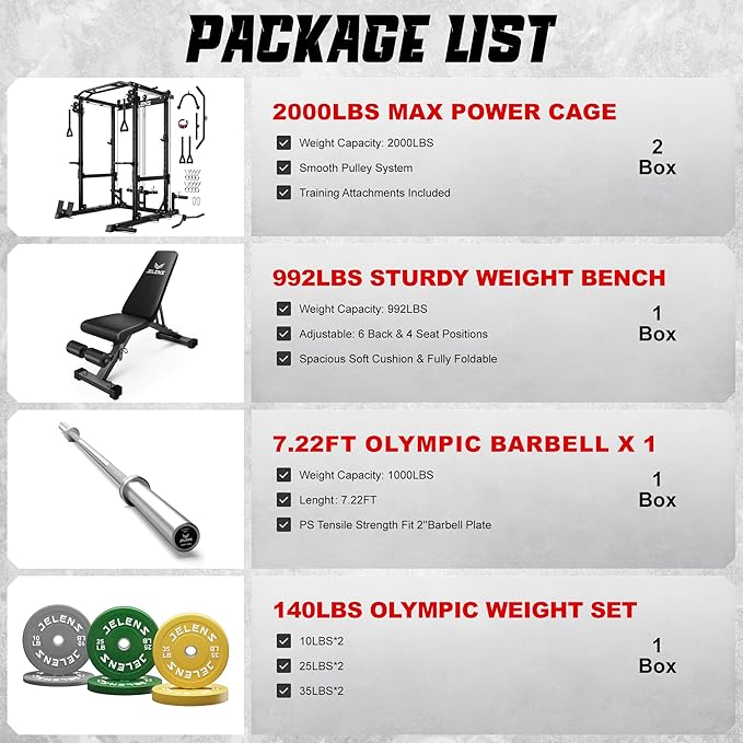 JELENS C12 Squat Rack for Home Gym, 2000LBS Power Rack with Adjustable Pulley System, Power Cage Workout Equipment with LAT Pulldown and Training Attachment