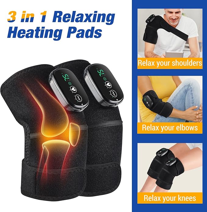 Cordless Electric Heated Knee Massager, 3-in-1 Heated Knee Massager with Heat for Knee Elbow Shoulder Wrap with 3 Vibration & Heating Modes (2 Pack)