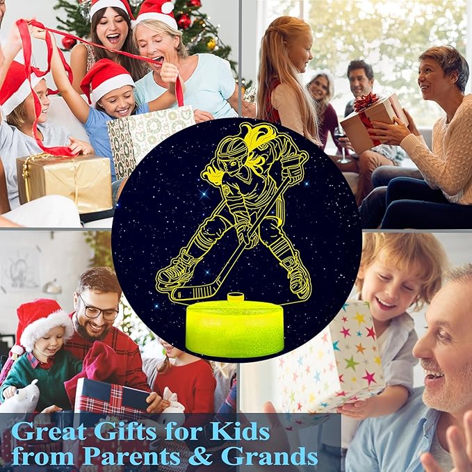 Hockey Night Light, Hockey Gifts for Girl, 3D Night Light with Remote Control, 16 Colors Changing, RGB Flashing Mode, Timer and Dimmable, Gifts for Boys Christmas Decor