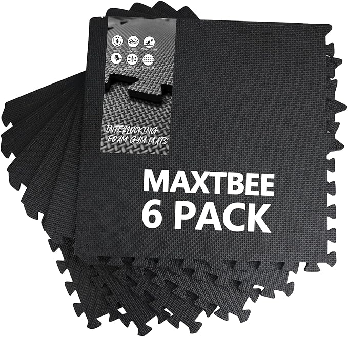1/2 inch Thickened Interlocking Foam Floor Mats (24 Sq Ft), 6 Tiles 24X24in High Density EVA Foam Gym Flooring for Home Gym, Weightlifting, Kids Play Area, Non-slip, Free Splicing.