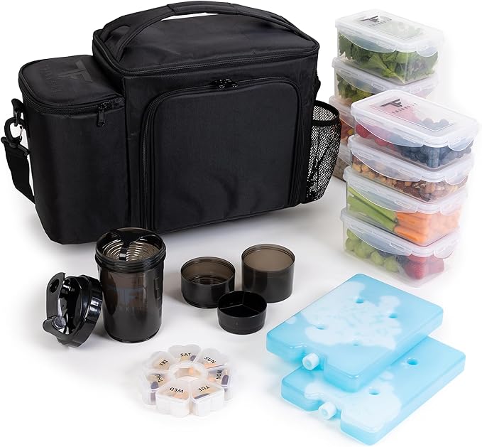 ThinkFit Large Black Meal Prep Lunch Bag, 8 Portion Control Containers, Pill Dispenser, Shaker Cup & 2 XL Reusable Ice Packs