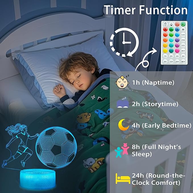 Soccer Night Light, Soccer Gifts for Girls, 3D Illusion Lamp with Remote, Timer, 16 Colors Changing, RGB Flashing Mode and Dimmable, Gifts for Girls Christmas Holiday