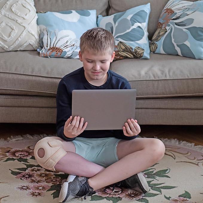 KARM Kids Knee Brace - Osgood Schlatter Knee Brace Youth for Kids, Sports, Pain, Arthritis, Patella, Meniscus Tear, MCL, ACL - Adjustable Compression Support for Child, Boys & Girls (Beige)