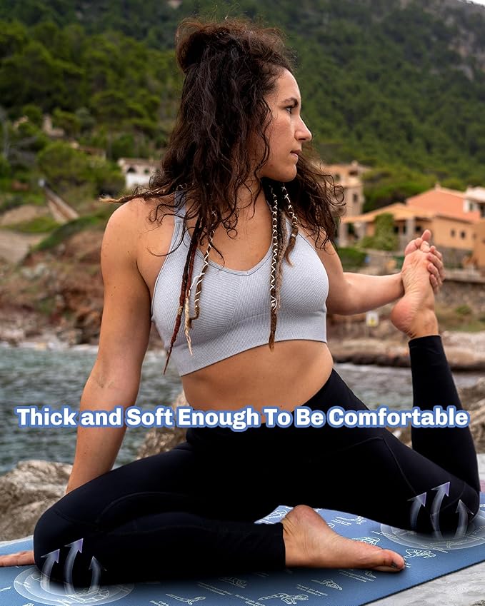 Instructional Travel Yoga Mat with 75 Poses & Exercises - Christmas Gifts for Wife and Girls, Non-slip Exercise Mat for Home Workout, Includes Carrying Bag, 68"x24"x0.25"