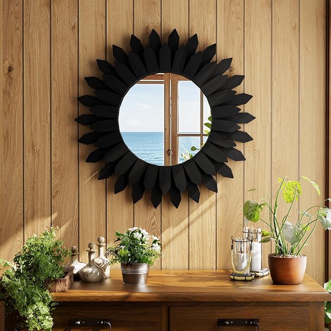 20 Inch Black Boho Wall Decor Sunburst Mirror - Round Wooden Wall Decor, Handmade Rustic Circular Mirror for Living Room, Bedroom, Entryway, Office