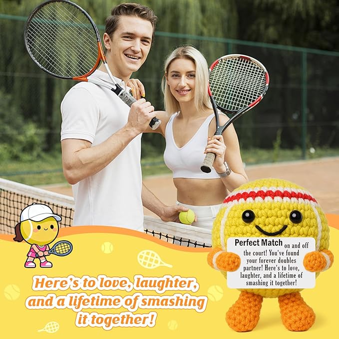 Mini Positive Crochet Tennis Ball Gifts for Women Men - Handmade Crochet Tennis Ball, Motivational Encouragement Christmas White Elephant Gift for Tennis Balls Lover Coworker Friend Coach