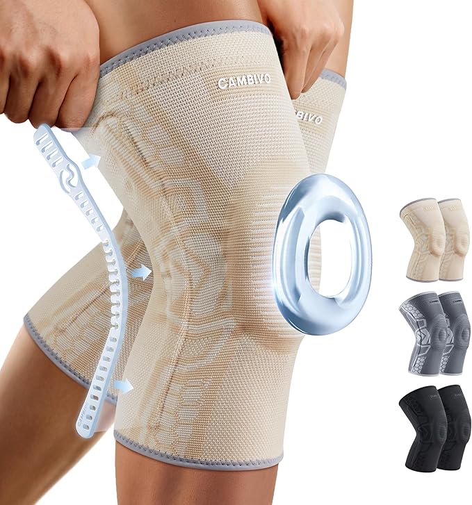 CAMBIVO 2 Pack Knee Brace for Men and Women, Knee Sleeves for Men with Patella Gel Pad and Side Stabilizers, Knee Compression Sleeves for Knee Pain Relief, Running, Workout, Daily Use