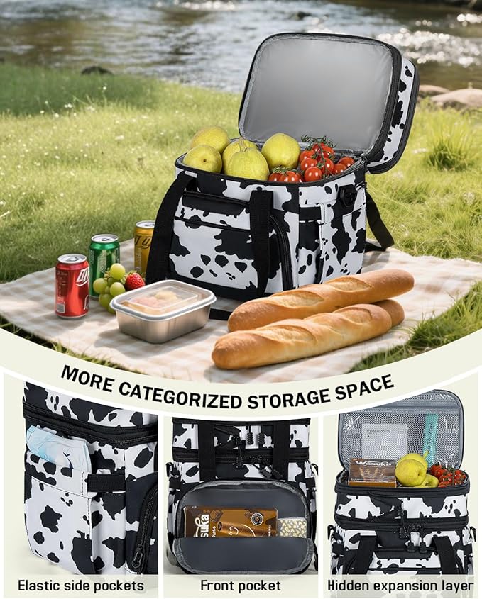 Large Lunch Box for Men/Women Dual-Compartment Insulated Lunch Bag,Expandable Leakproof Cooler Bag Lunch Tote with Adjustable Shoulder Strap for Work Camping Picnic,Cow Print 24-Can(14L)