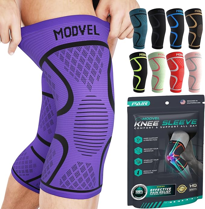 Modvel Knee Braces for Knee Pain Women & Men - 2 Pack Knee Brace for Knee Pain Set, Knee Brace Compression Sleeve, Knee Support for Knee Pain Meniscus Tear, ACL & Arthritis Pain Relief,Purple XXL