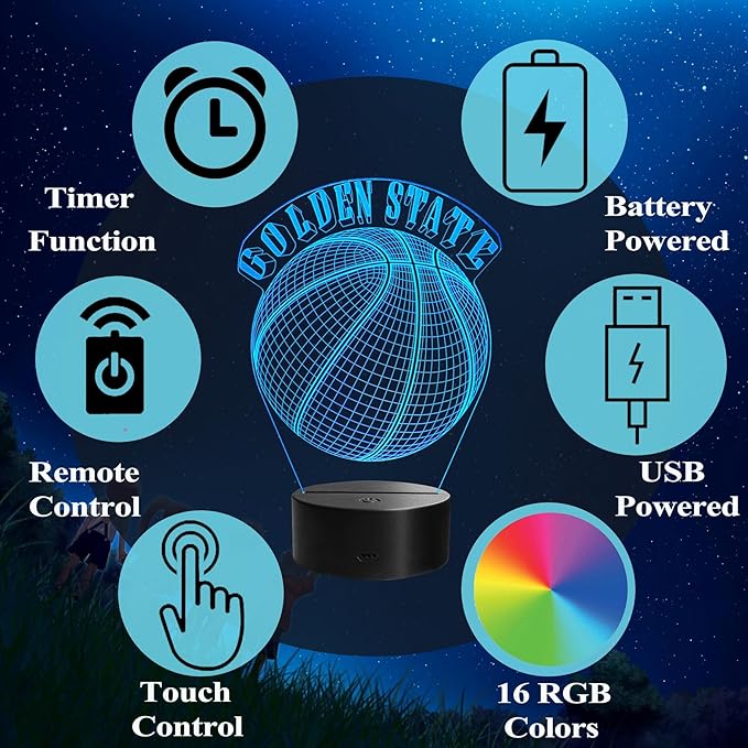 Basketball Golden State Night Light, Golden State Gifts for Boy, 3D Illusion Lamp with Remote Control, 16 Colors Changing, RGB Flashing Mode and Dimmable, Gifts for Boys Christmas Decor