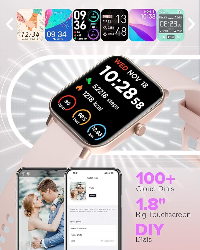 Quican Smart Watches for Women, 1.8 Inches Fitness Tracker with Alexa Built-in & Bluetooth Calling, Compatible with Android iPhone, Waterproof, Heart Rate Sleep Monitor, Includes 2 Bands - Light Pink
