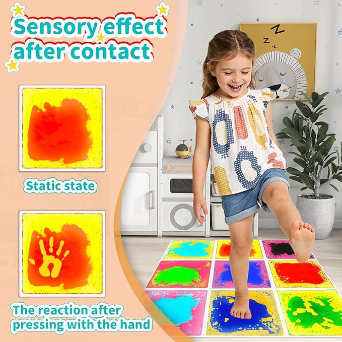 Sensory Floor Tiles for Kids: Liquid Fusion Activity Mat 9 Pack with One-Piece Glue-Free Sealing - Educational Fun Water Play Mats - Autistic Toddler Calming Toys for Indoor Early Learning（12x12inch）