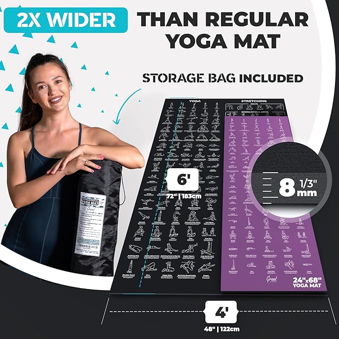 Extra-Large Instructional Yoga Mat with Poses Printed On It - 3X Bigger & 2X Wider than Regular Workout Mats - 150 Illustrated Yoga Poses and Stretches - Wide, Non-Slip, Barefoot Exercise Mat