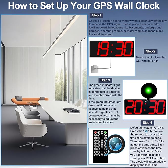 CHKOSDA Digital Clock with Large Display 18.7 Inch, GPS Auto-Sync Time, Wall-Mounted with Remote Control, Ideal for Classroom Use