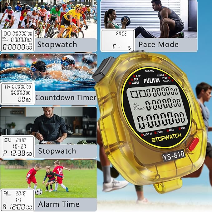 Stopwatch Timer 10 Splits/Laps Digital Stop Watch for Sports, Countdown Alarm Clock Date Memory Recall Large Display, Stopwatch for Coaches PE-Teacher Referee (Yellow, 10 Splits/laps)