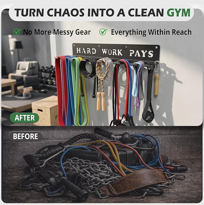 WIPHANY Home Gym Accessories Organization Storage Rack Equipment For Home 8 Hook Wall Hanger Display Gear Barbells Resistance Bands Jump Ropes Lifting Belt Hanger Accessories Hardware Included