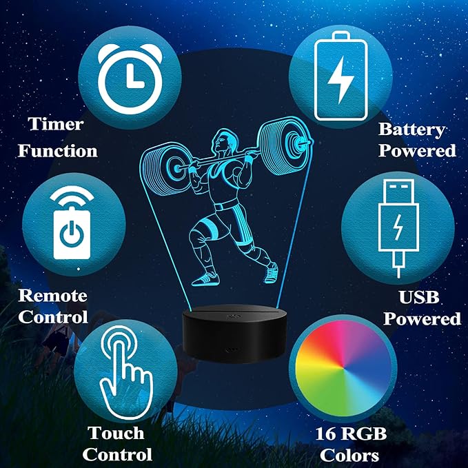 Weightlifting Night Light, Weightlifting Gifts for Boy, Gym 3D Night Light with Remote Control, 16 Colors Changing, RGB Flashing Mode and Dimmable, Gifts for Boys Christmas Decor