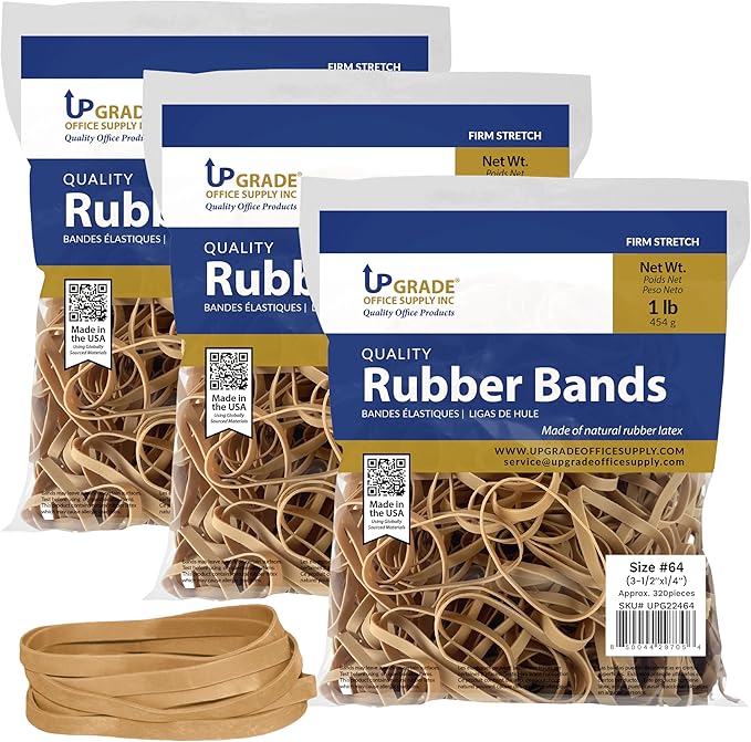 Upgrade Office Supply UPG22464PK3 Rubber Bands, Size #64 (3-1/2 in x 1/4 in), 320 Bands, 1 lb Bag, 3 Pack, USA