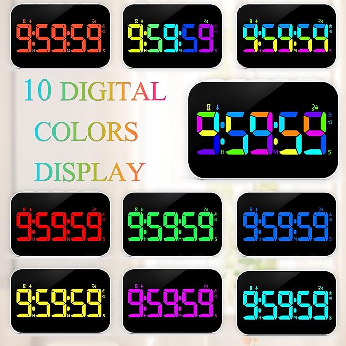 Kitchen LED Digital Timer Rechargeable, RGB Count Down Up Digital Timer with Vioce Reminder for Kitchen Classroom Cooking Study, Vibration Mode 3 Level Adjustable Volume and Brightness