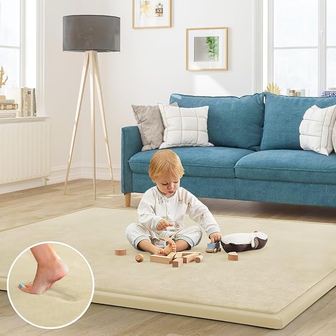 Baby Play Mat for Floor Nursery Rug Muscle Mat Area Rug Playroom Rug 59"x71" Playpen Mat Memory Foam 1.3" Thick Crawling Mat for Babies,Toddlers, Infants, Kids,Light Beige