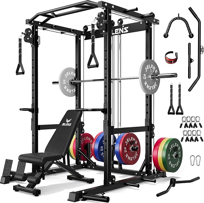 JELENS C12 Squat Rack for Home Gym, 2000LBS Power Rack with Adjustable Pulley System, Power Cage Workout Equipment with LAT Pulldown and Training Attachment