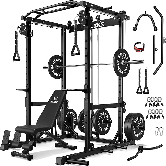 JELENS C12 Squat Rack for Home Gym, 2000LBS Power Rack with Adjustable Pulley System, Power Cage Workout Equipment with LAT Pulldown and Training Attachment