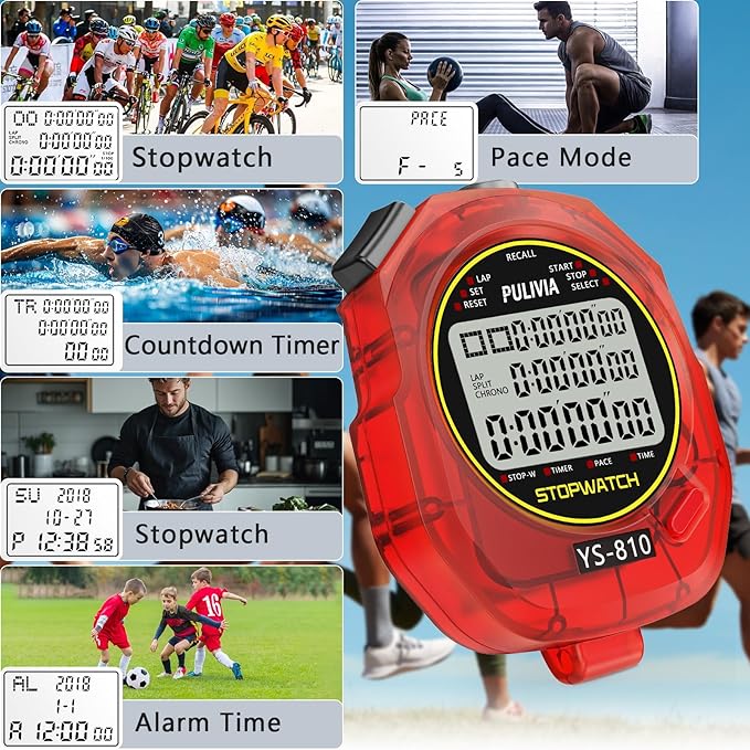 Stopwatch Timer 10 Splits/Laps Digital Stop Watch for Sports, Countdown Alarm Clock Date Memory Recall Large Display, Stopwatch for Coaches PE-Teacher Referee (red, 10 Splits/laps)